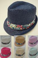 Ladies Fedora Hat w Floral Hat Band - Assorted colors